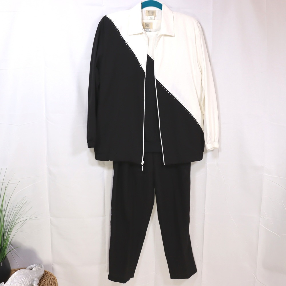 Teddi Vintage 3pc Tracksuit Set Medium Black White Womens Rhinestone Colorblock